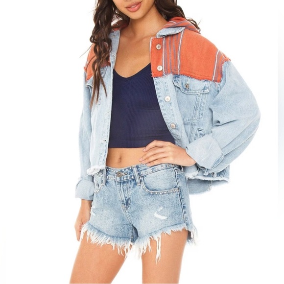 Free People Baha Hooded Denim Jacket M Oversized Mixed Media Raw Hem Blue Orange - Picture 1 of 16